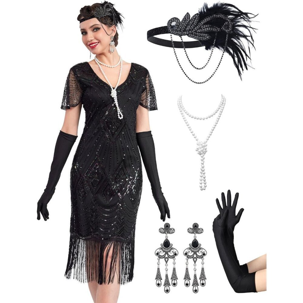 1920s Flapper Dress Sheer Beaded Sleeves Vintage Inspired Costume with Accessori